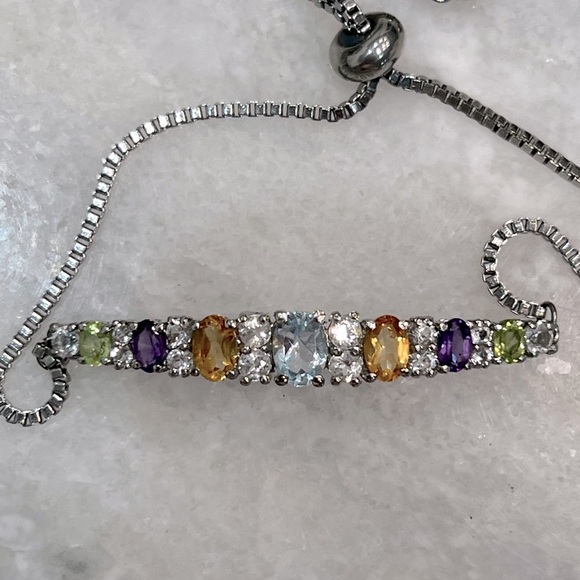 Multigemstone White Topaz Silver BOLO Bracelet - Picture 3 of 10